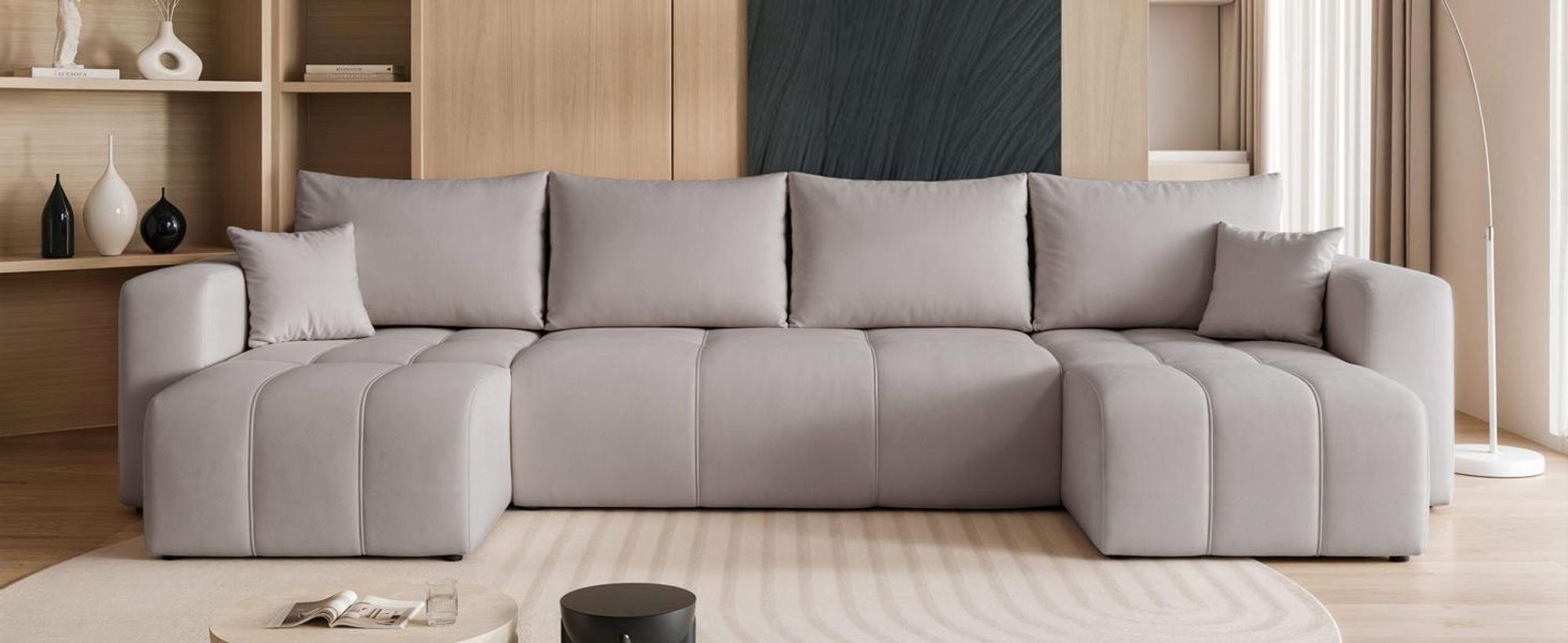 Idohome – canapé d'angle moderne en U avec fonction couchage et surpiqûres, ensemble de canapés, canapé-lit, PEDRO U - Couleur gris clair Manila 15