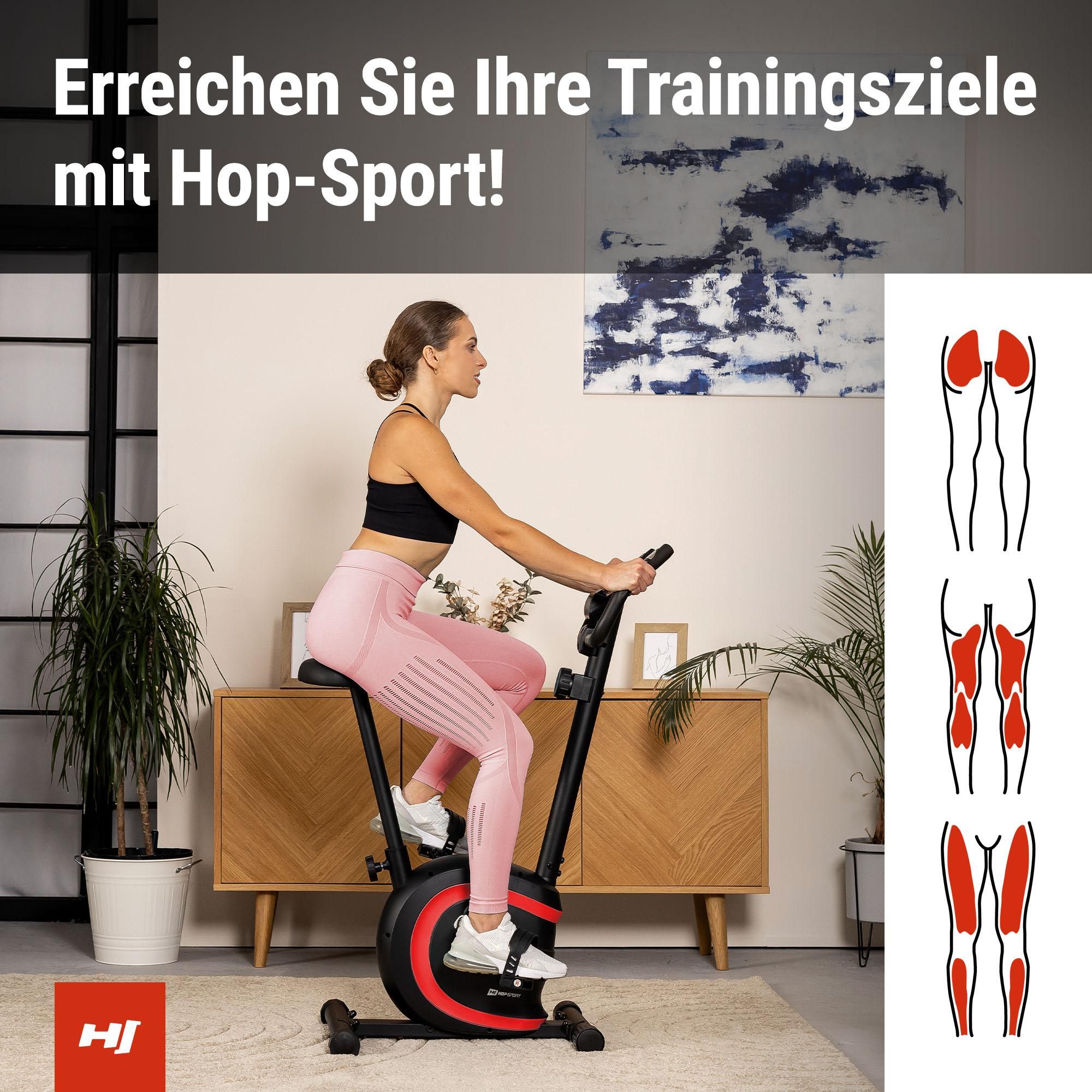 HOP SPORT® HS-015H Heimtrainer Fahrrad für Zuhause mit magnetischem Widerstandssystem, Pulsmessung, 8 Stufen, Hometrainer, Fitnessbike bis 120 kg, Rot