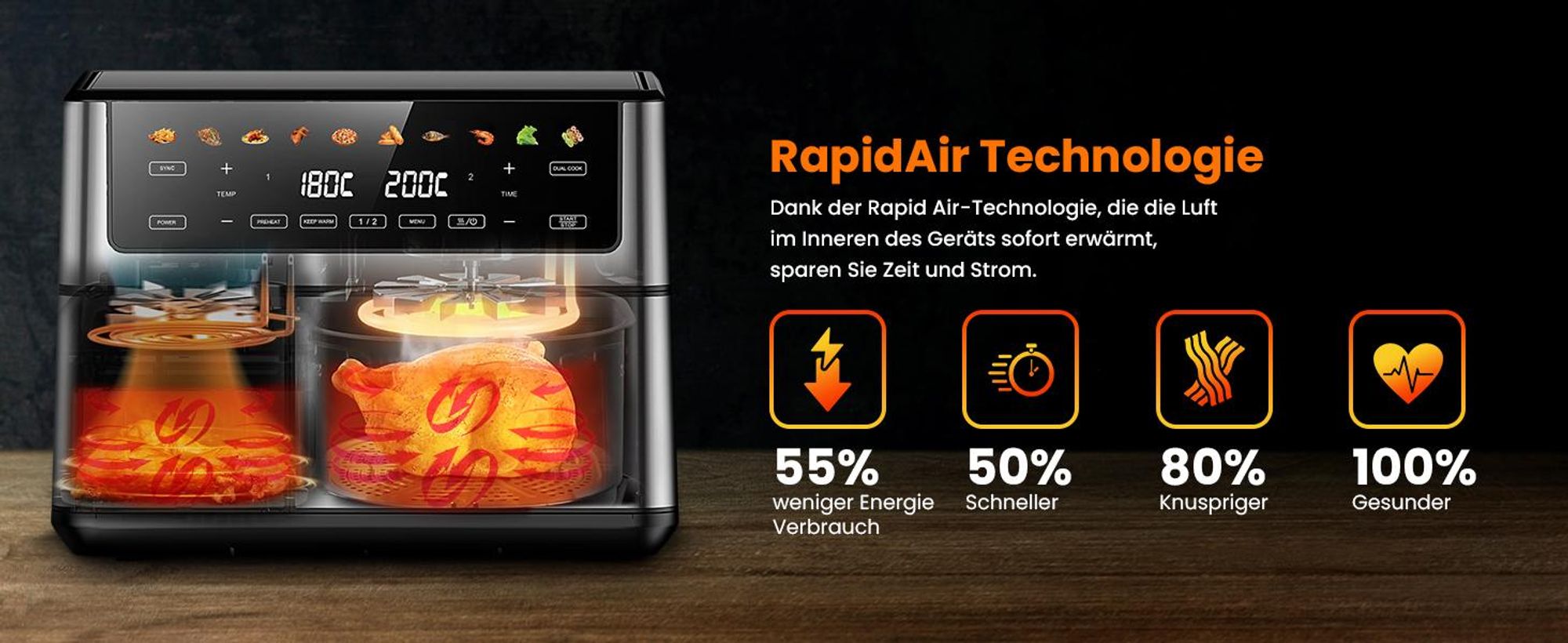 Extralink Air Fryer Dual Basket 10 l Heißluftfritteuse 2500 W mit 2 Körben und Touchdisplay