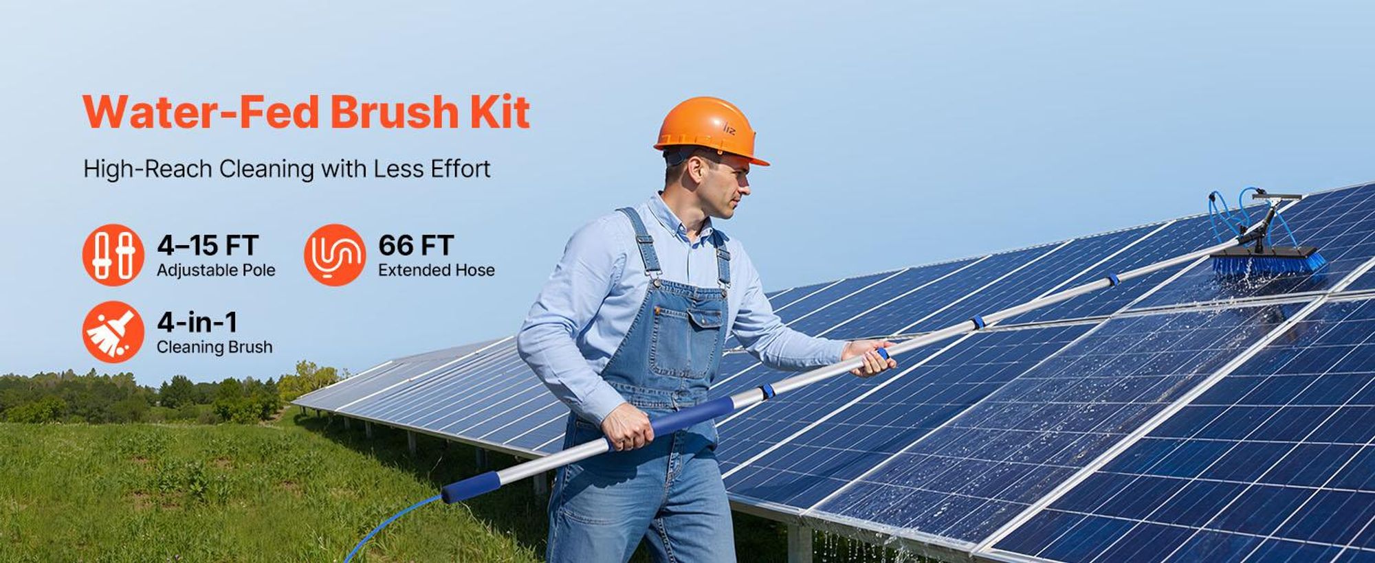 VEVOR 2-in-1 Teleskop Waschbürste für Solarpanel, Photovoltaik Reiniger Set mit 1,2-4,6m Alu-Teleskop 20m Wasseranschluss Abzieher Seifenspender, Reinigungsbürste für Solaranlage Fenster Terrassendach