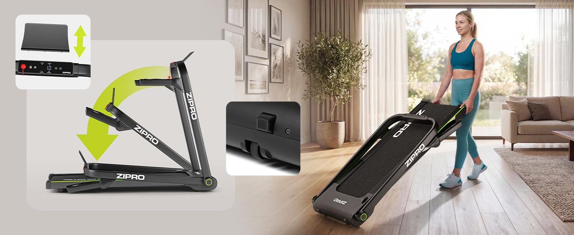 Zipro Laufband Elektrisch Jogger – Klappbar Ultra Flach für Unter das Bett Bis Geschwindigkeit LED Touch Display Pulsmessung Platzsparendes