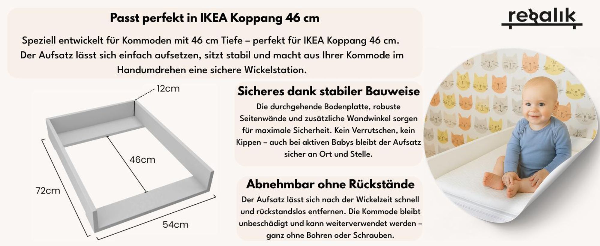 regalik Wickelaufsatz für Koppang von IKEA, Wickeltischaufsatz für 46 cm Kommoden, Abnehmbar Wickelkommode aufsatz, Abgerundeten Frontplatten, Weiß, 72cm x 54cm