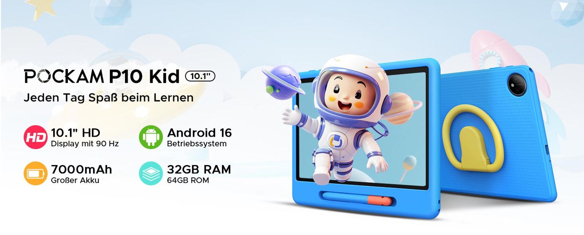 POCKAM P10 Kids 10.1" Tablet, Gemini AI, Android 16, 32(6+26)GB RAM+64GB ROM/TF 2TB, 7000mAh, WiFi Tablet für Kind mit Kindgerechte Hülle und Stift