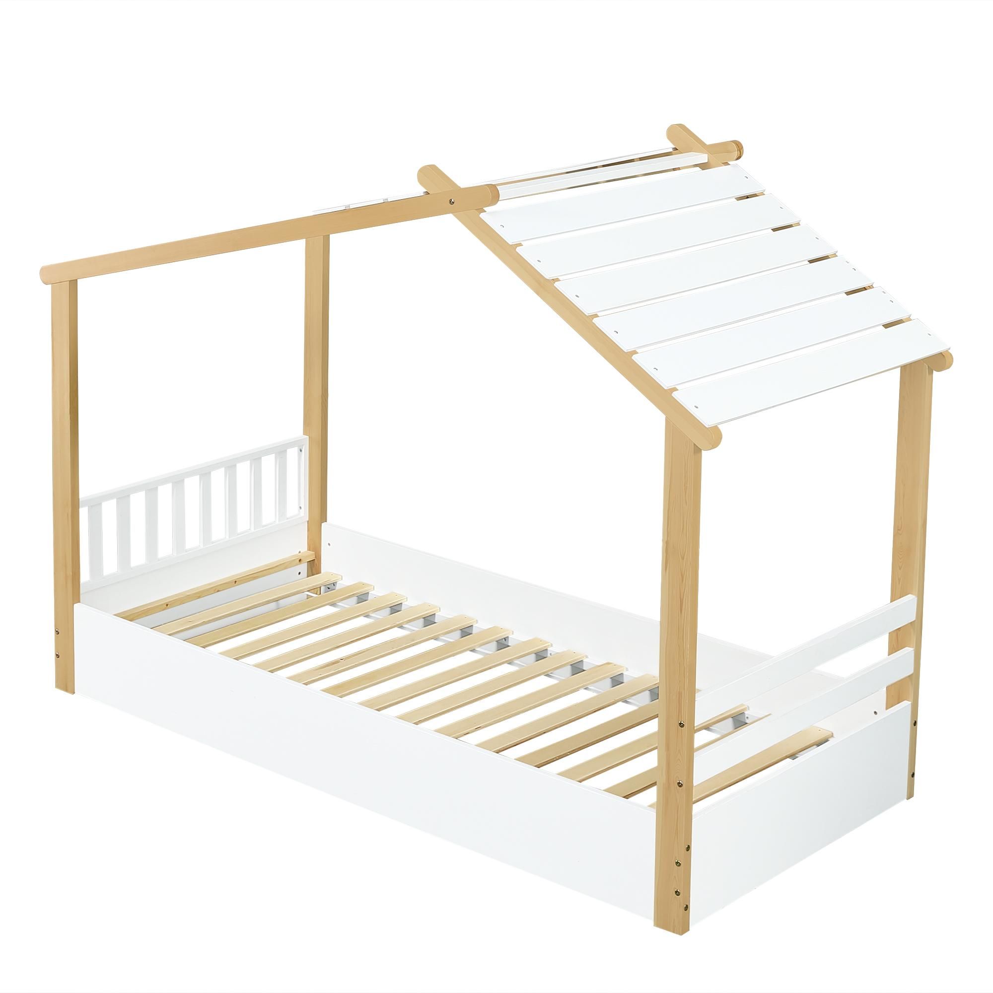 Flieks Kinderbett Hausbett 90x200cm mit Lattenrost, Holzbett Einzelbet für Kinderzimmer, Klassisches Kinderbett, Naturbelassen