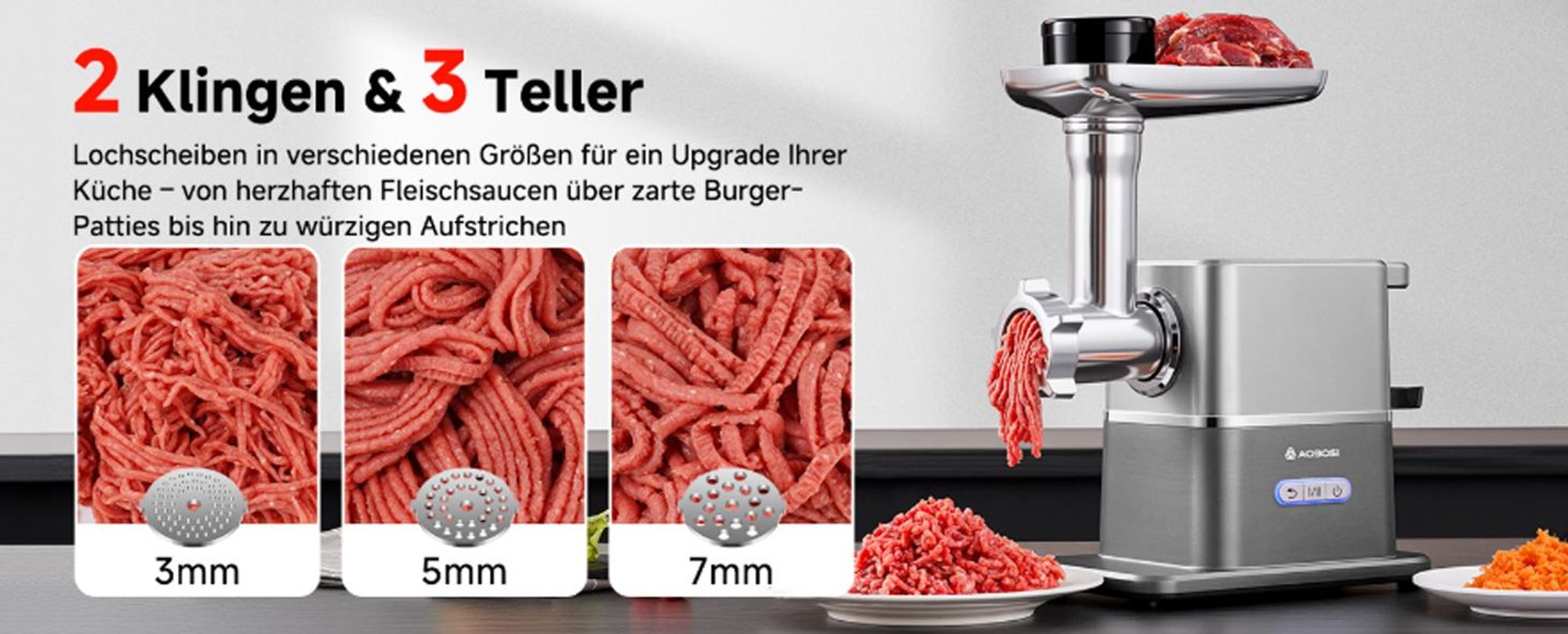 AOBOSI Elektrischer Fleischwolf 3000W Max, Leiser DC-Motor 60dB, 3 Geschwindigkeiten, 3 Edelstahlscheiben, Wurst- & Kibbe-Zubehör