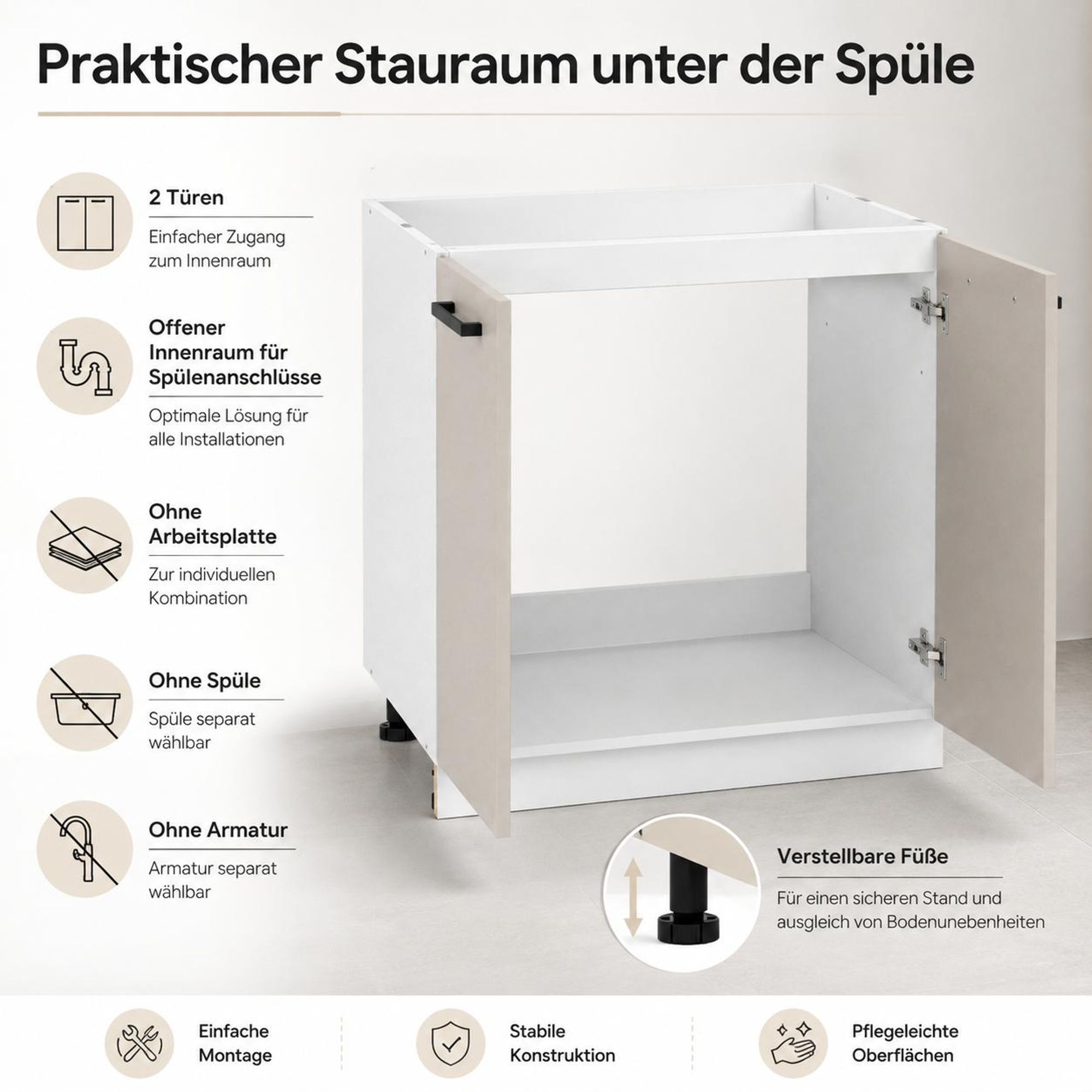 Spülenschrank 80 cm Kaschmir Beige: Offener Innenraum für Spülenanschlüsse & Siphon.