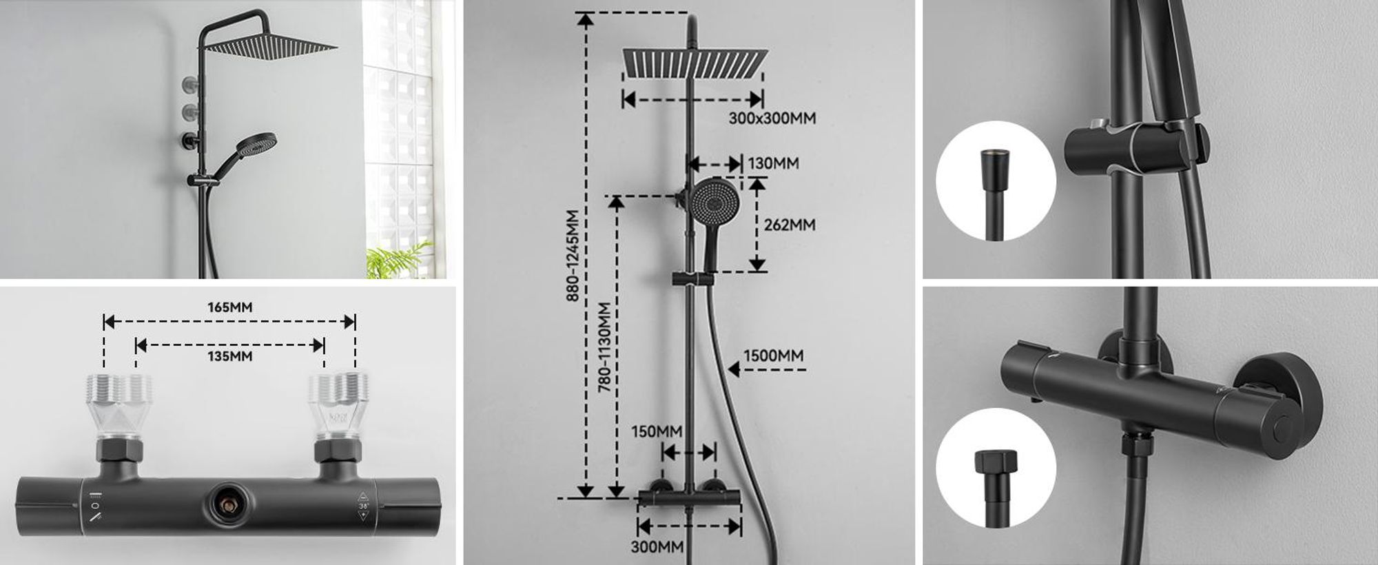 Auralum Duscharmatur Komplettset, Edelstahl mit Thermostat Armatur, 30 CM Regendusche, 5 Strahlarten und Höhenverstellbarer Duschstange (Schwarz)