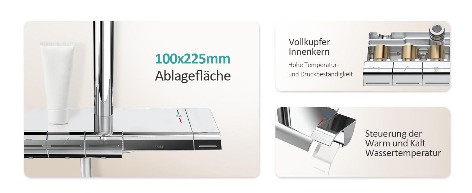 EMKE Duschsystem mit Thermostat, 36x24mm Regenduschkopf, Handbrause mit 3 Strahlstärken Regendusche mit Glasablage, Bad- & Duscharmaturen, KTW, Chrom