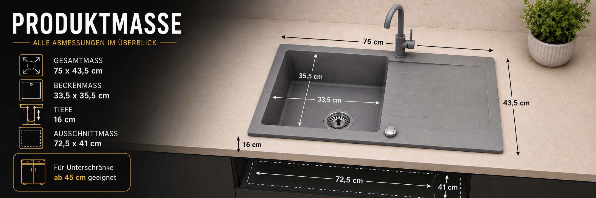 [Granitspüle 76x44 Grau]Hochwertig beidseitig Montierbar Küchenspüle Eckig Einbaugranitspüle Granit Spülbecken f. Unterschränke ab 45 cm inkl.Sipho