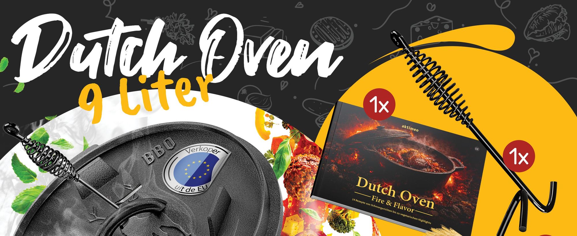 aktimeo Dutch Oven 9,0 L gietijzeren pan met deksel incl. accessoires en receptenboek
