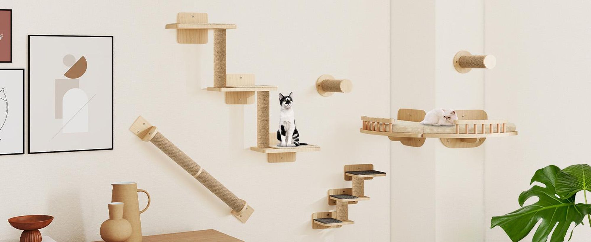 7 tlg. Katzen Kletterwand Set, Wandkratzbaum Katzenplattform Katzenbett, Katzenmöbel für Wandmontage