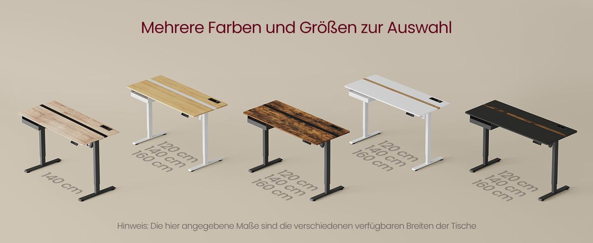 VASAGLE Höhenverstellbarer Schreibtisch elektrisch, mit Steckdose und Schublade, 60 x 140 cm Memory-Funktion, vintagebraun-schwarz