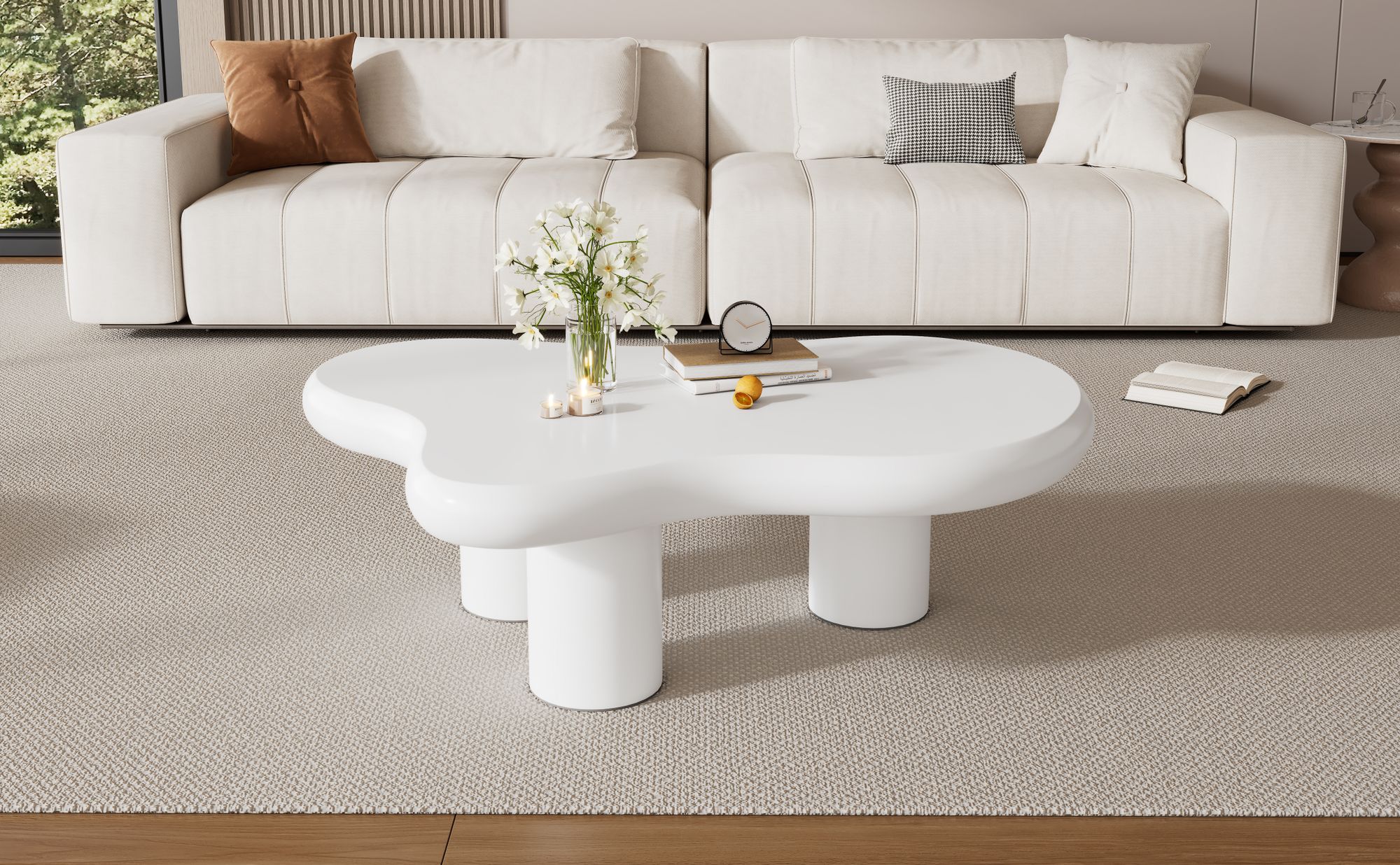 MODFU Unregelmäßiger Couchtisch in Wolkenform für Wohnzimmer, Schlafzimmer, MDF mit Filzunterlagen, lackierte Oberfläche, Weiß