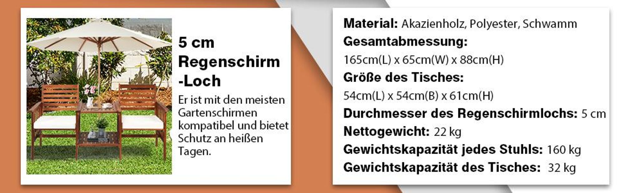 COSTWAY Gartenbank mit Tisch, 2-Sitzer Holzbank mit Sitzkissen & Schirmloch, Sitzbank aus Akazienholz bis 350 kg, Terrassenbank, 165 x 65 x 88 cm