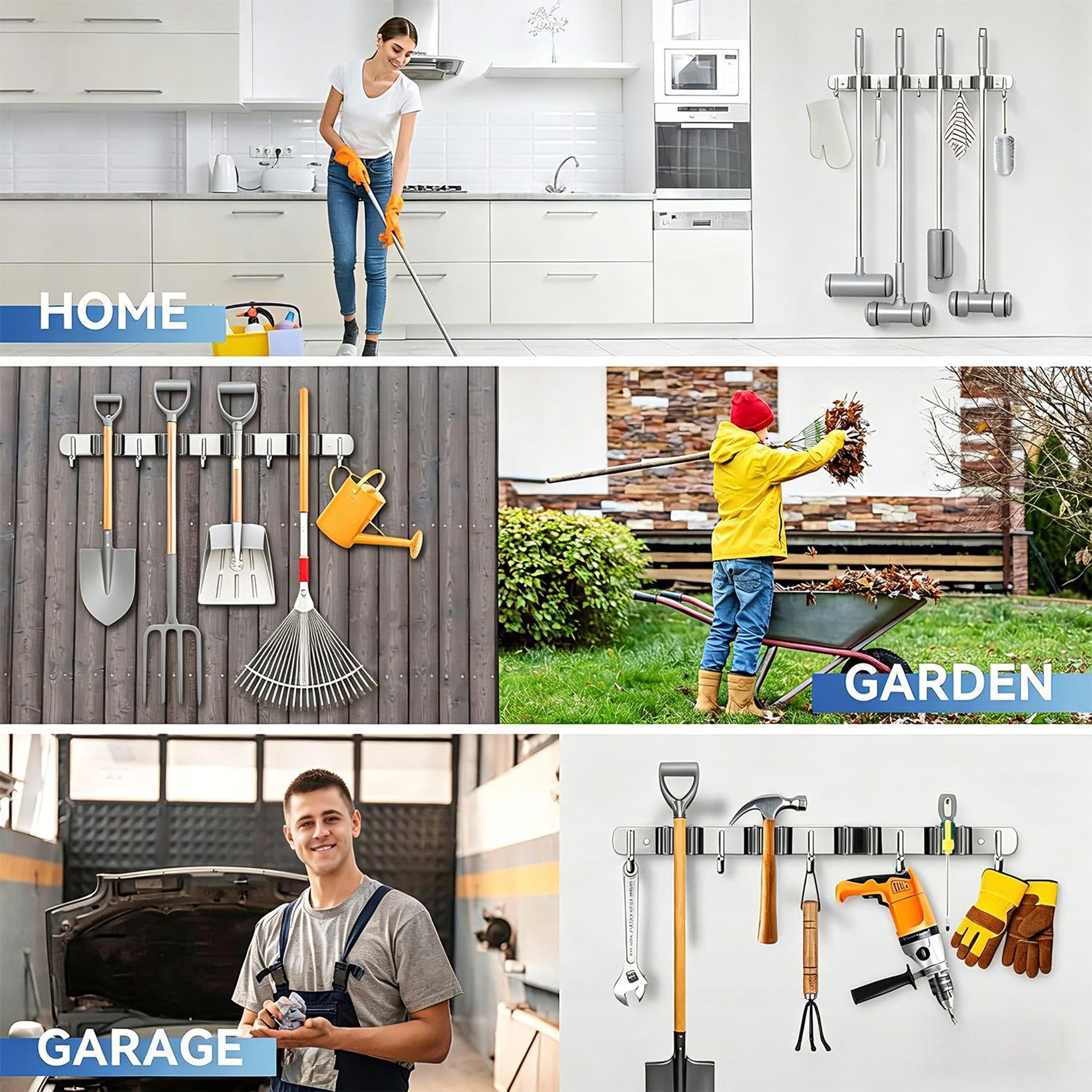 Wandhalterung für Gartengeräte und Mops von Maclean aus Stahl mit Haken max. Belastbarkeit 20 kg Breite 60 cm MC-185