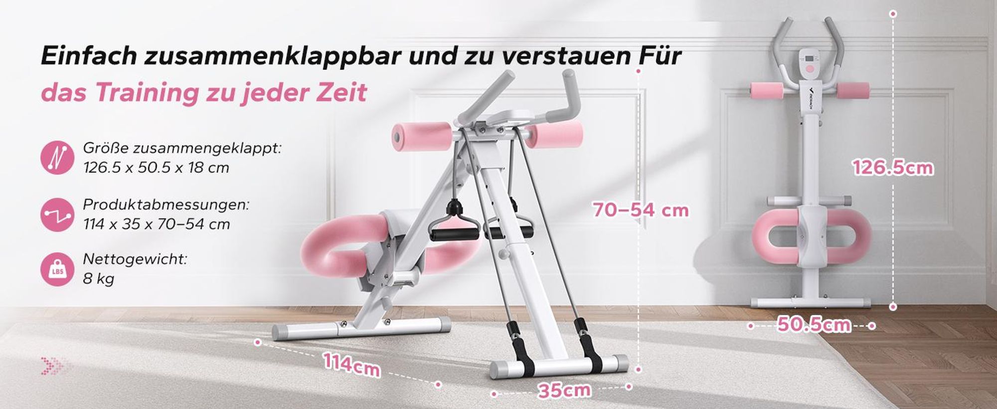Multifunktionaler klappbarer Bauchmuskeltrainer – LCD-Display, 5 Höheneinstellungen & 2 Neigungswinkel, ergonomisch, bis 120 kg, Ganzkörpertraining