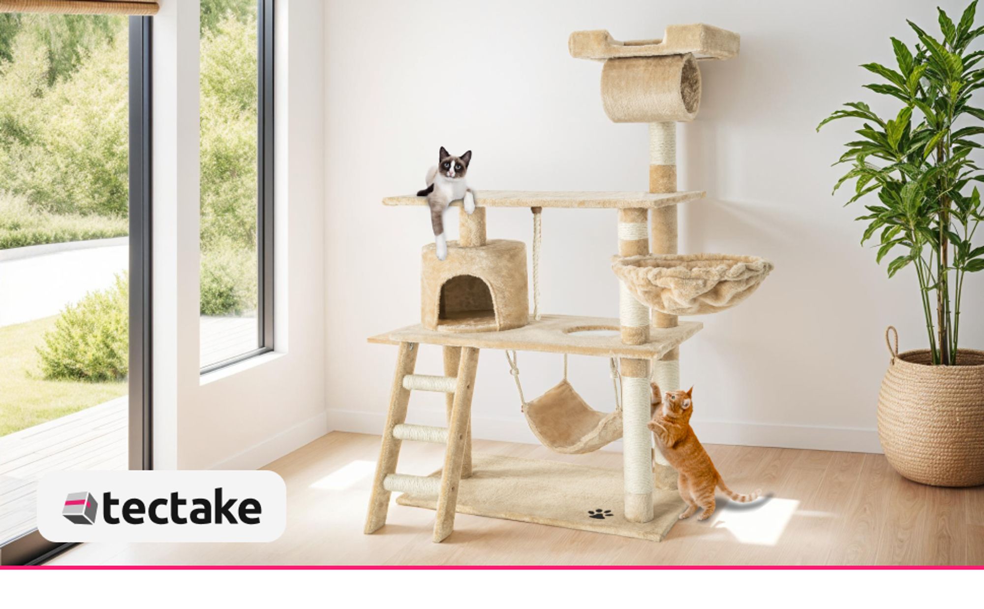 tectake® Kratzbaum Marcel 141 cm inklusive Treppe, Spielkordel und Kippschutz