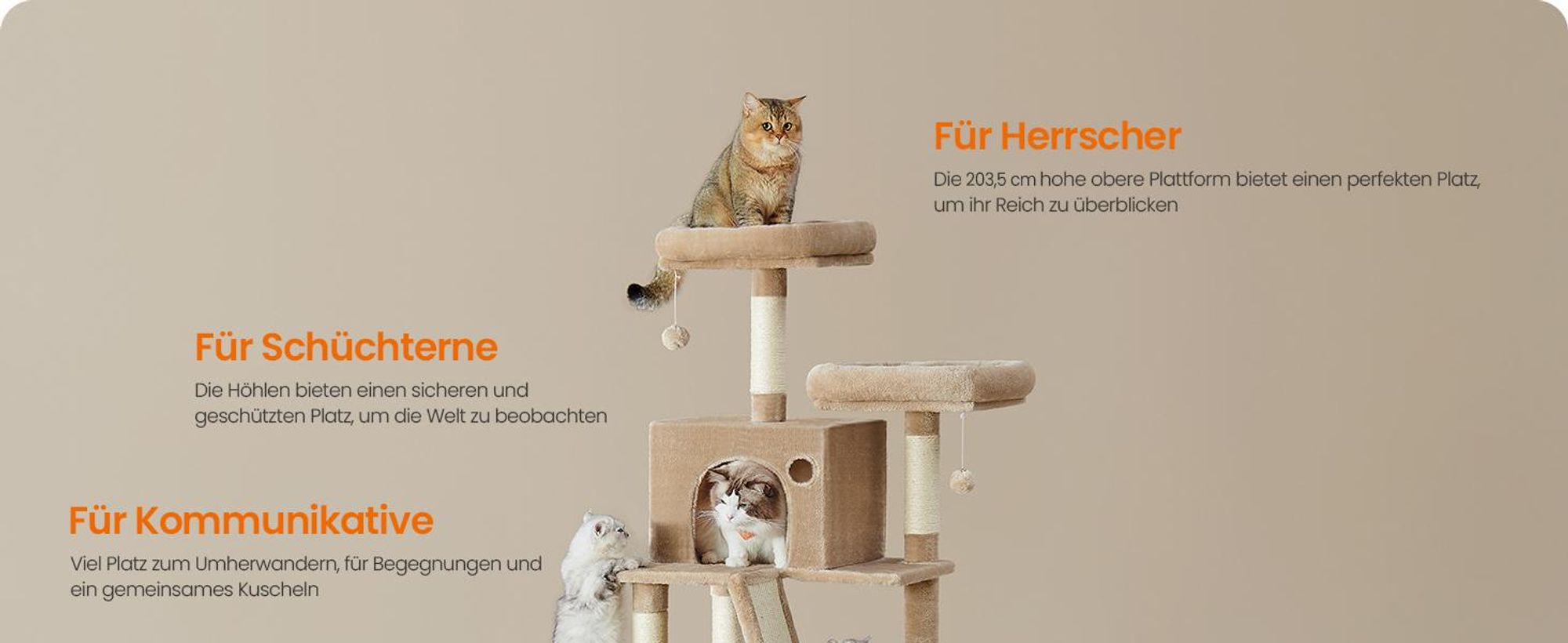 Feandrea Kratzbaum 206 cm, XXL, mit 13 Kratzsäulen, 2 Plattformen kamelbraun