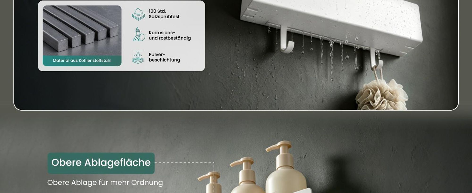 Mai & Mai Duschablage ohne Bohren mit 2 Schiebehaken, Duschablage zum Hängen Weiß 40cm Reglo-18