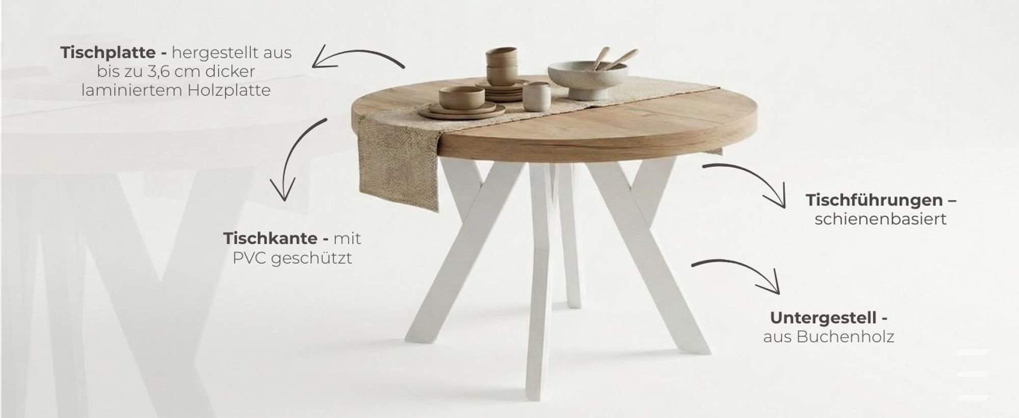 Runder Ausziehbarer Tisch für Esszimmer, PERO, Loft-Stil, Skandinavische, Durchmesser: 90 / 140 cm, Farbe: Weiß
