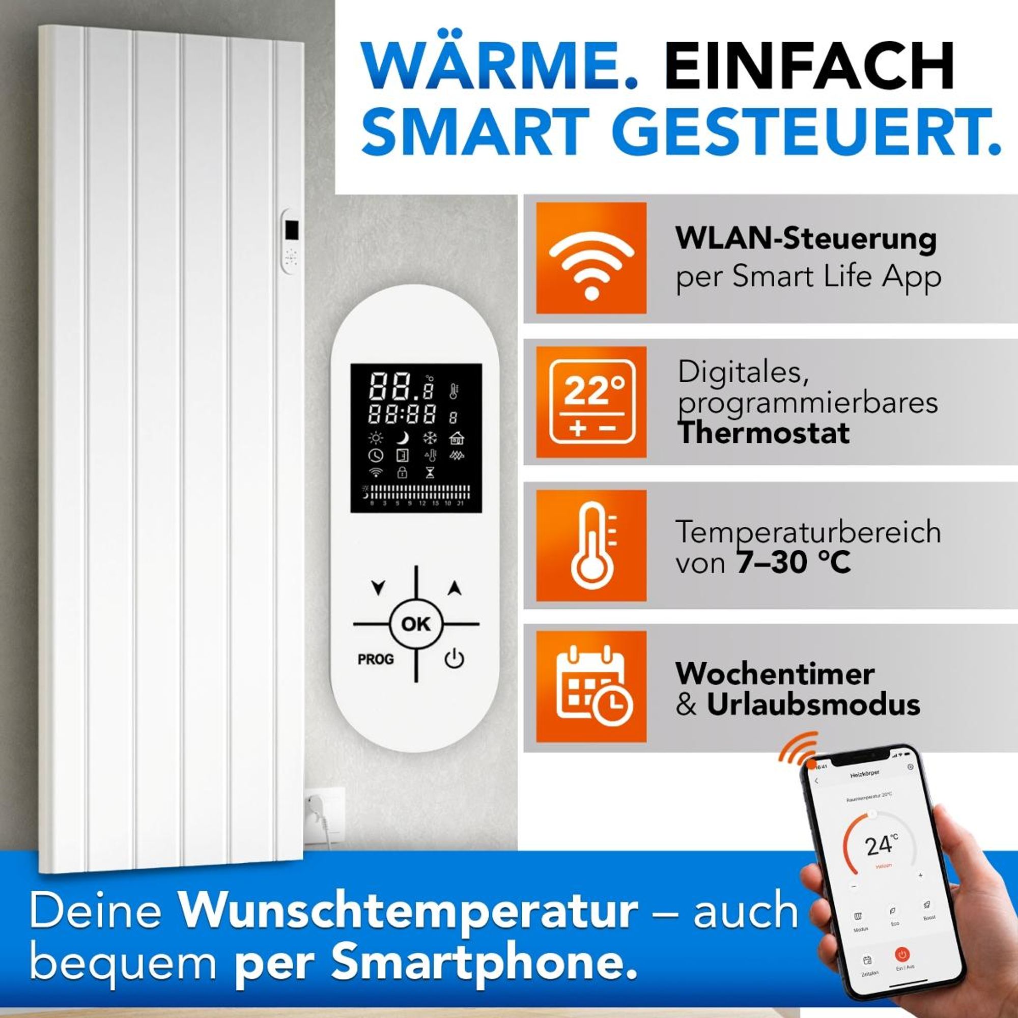 BELVIT Elektroheizkörper 2000 W Mattweiß mit Smart WLAN und digitalem Thermostat