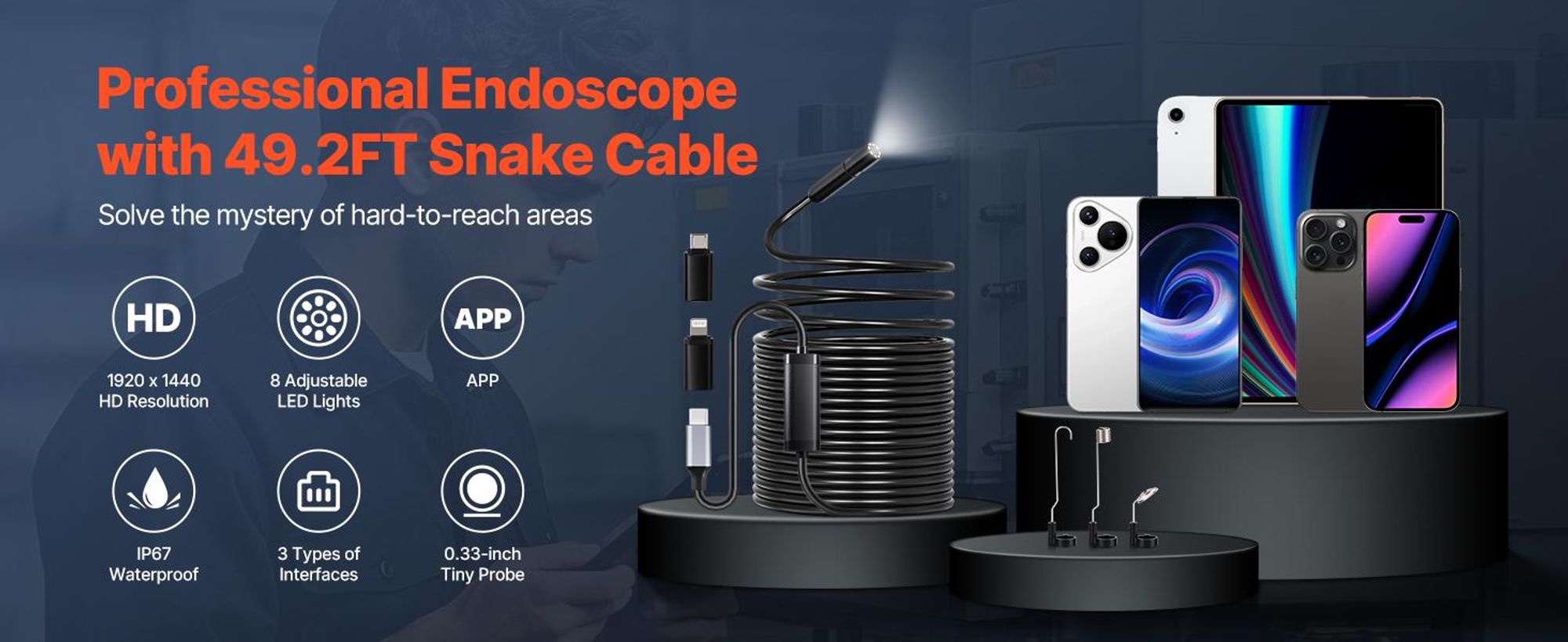 VEVOR Endoskopkamera mit Licht, Dual-Linsen-Boreskop für Android & IOS, 1920P HD Inspektionskamera mit 8 + 1 LED-Licht, 2X Zoom, 5m Schlangenkabel, IP67 wasserdichte Schlangenkamera für Auto, Sanitär, 15 m, Einzelobjektiv-a