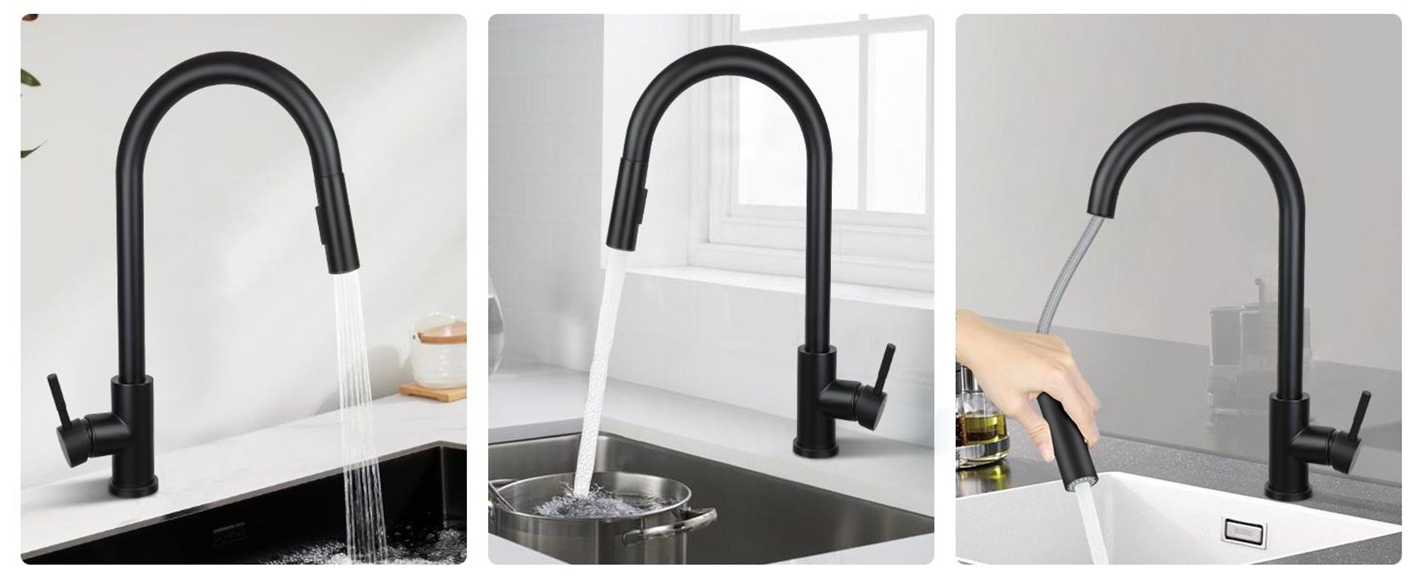 ZMH Keukenmengkraan, zwart, uittrekbaar, met douche. RVS mengkraan voor de spoelbak, 360° draaibaar, met 2 standen