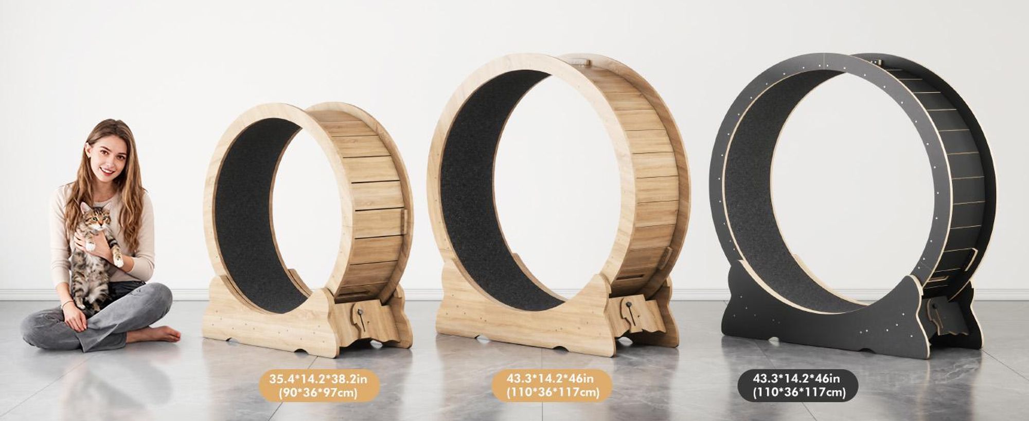 Mondeer Tier-Intelligenzspielzeug Laufband für Katzen,Innendurchmesser 80cm,Sicherheitsschloss-Design, Leises Scrollrad,90 x 97 x 36CM Naturholz