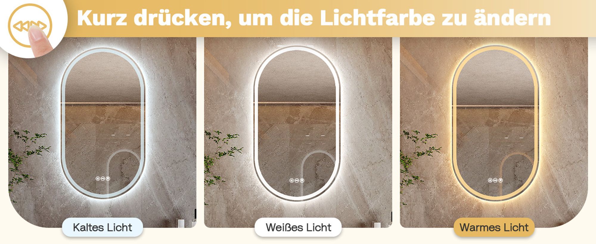 Badspiegel groß mit Beleuchtung, LED Knopfschalter, Antibeschlag, Oval Design