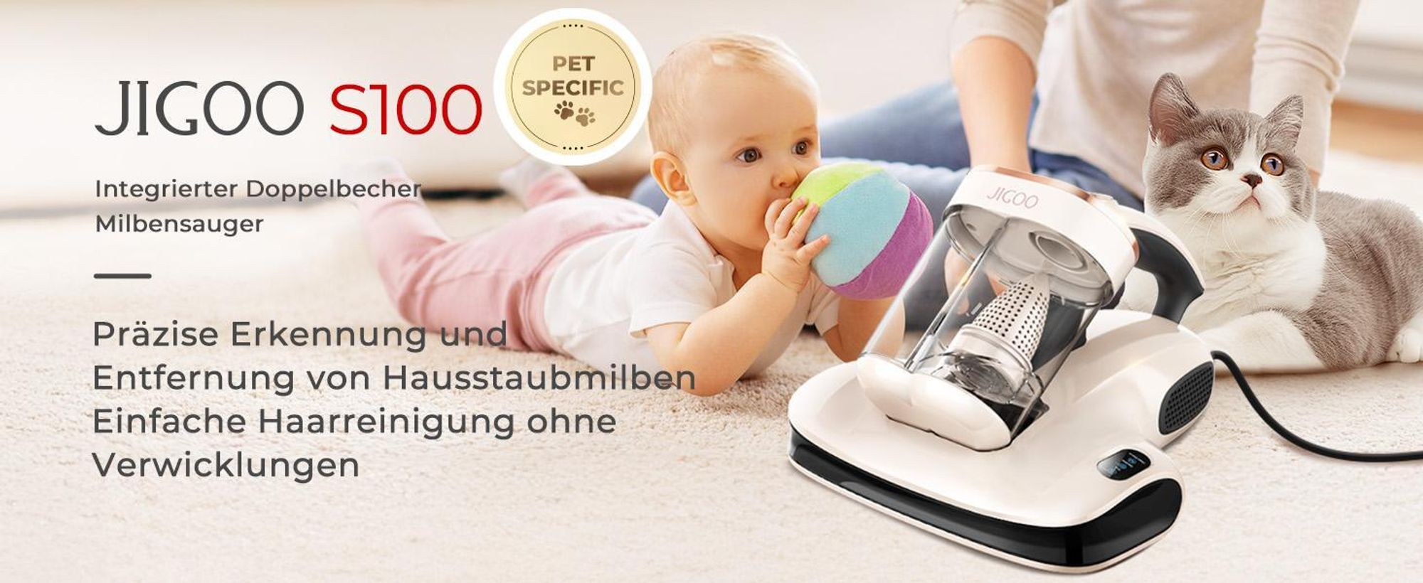 JIGOO S100 Matratzenstaubsauger: 350W, 12kPa, 80k/min Klopfen, UV-C 253.7nm, 55°C Heißluft, 99,9% Milbenentfernung