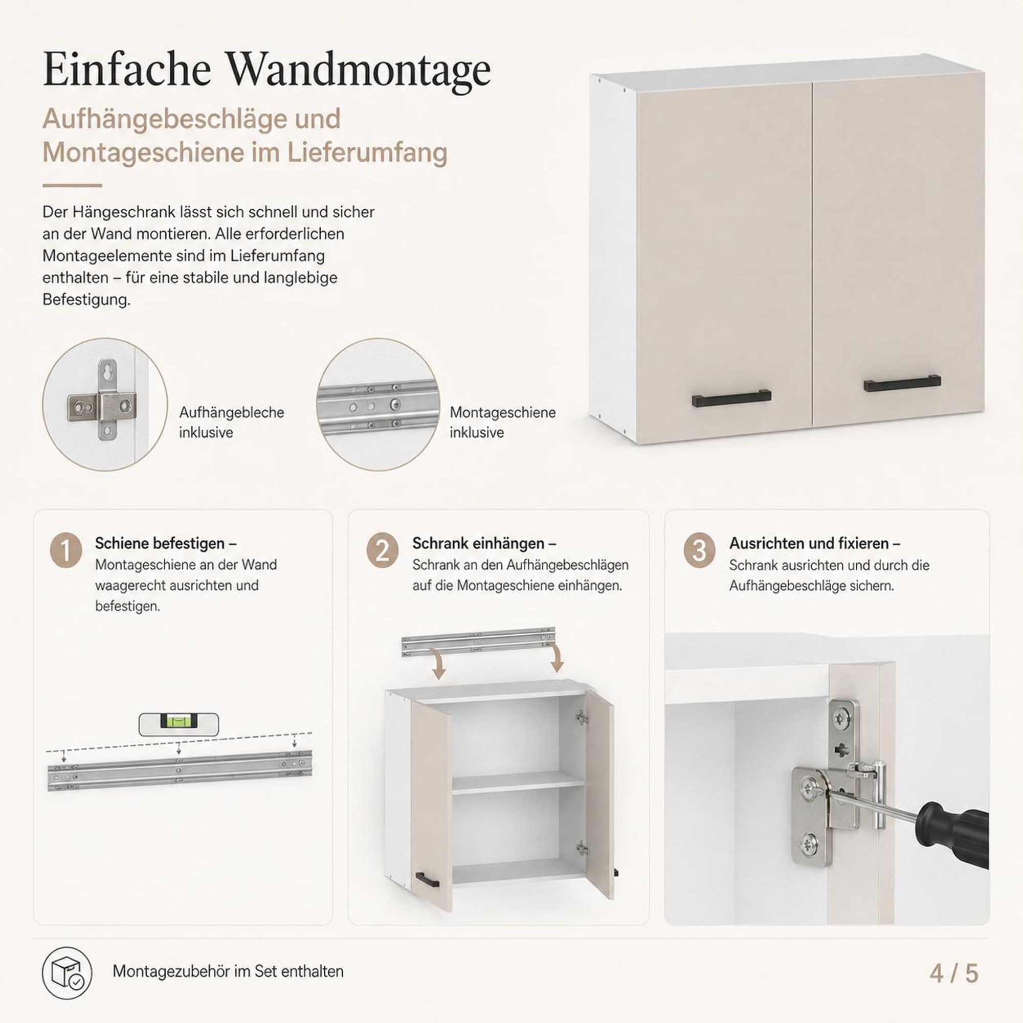 Anleitung Wandmontage Hängeschrank 80 cm Kaschmir mit Schiene und Aufhängern.