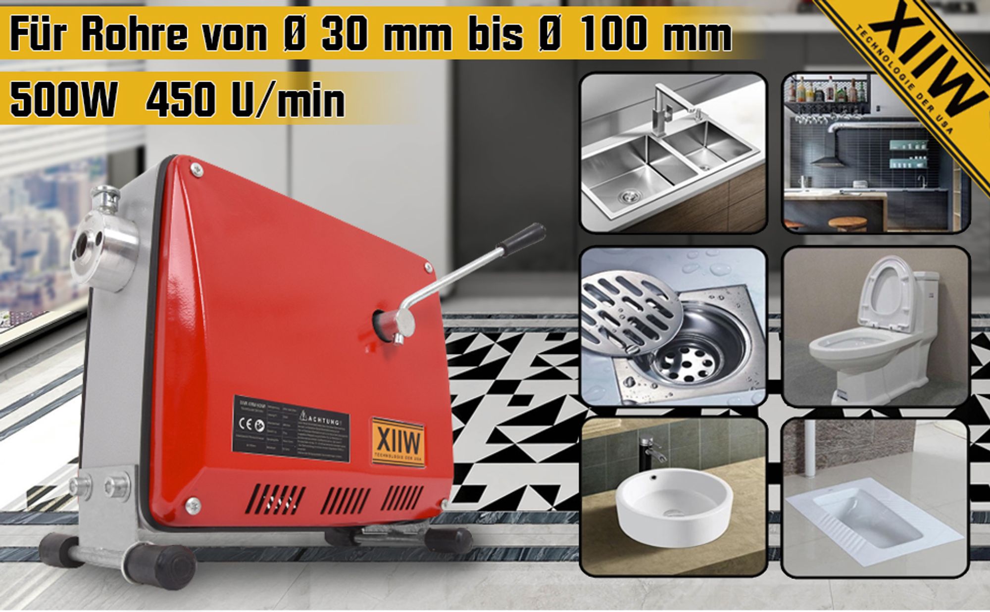 16mm 29M Spiralen Elektrische Rohrreinigungsmaschine für Ø30-100mm, Spirale Ø10mm 5M, 500W Rohrreinigungsgerät Rohrreiniger Reinigung Abflussreiniger