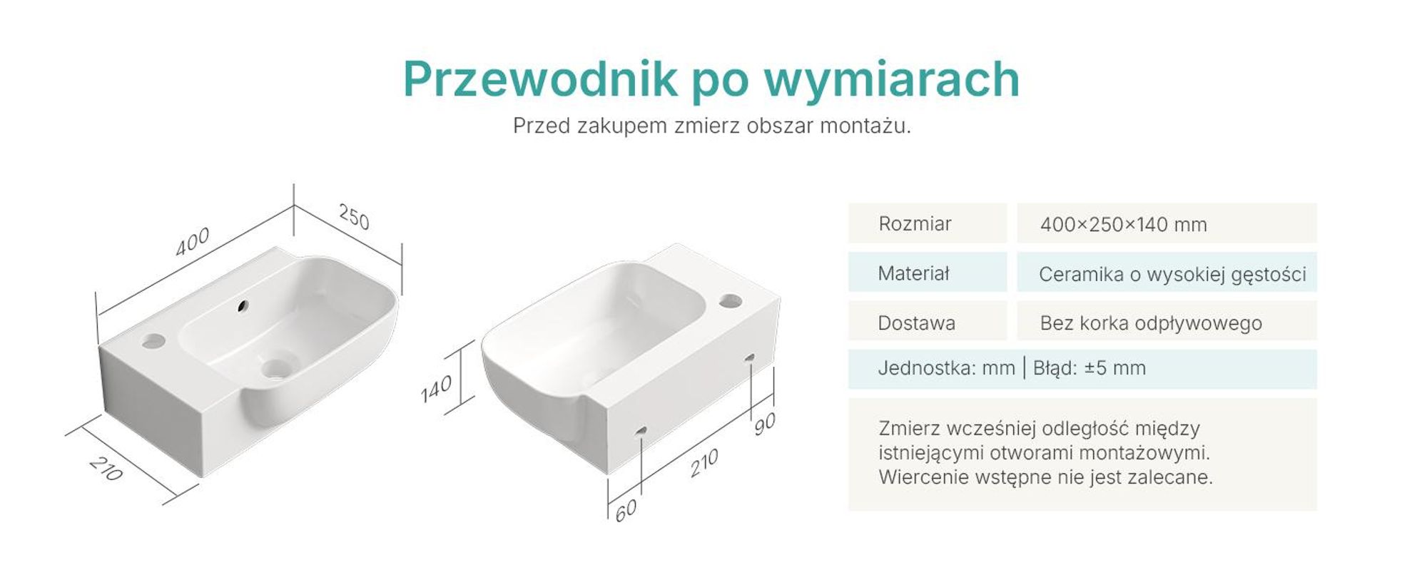 EMKE Umywalka ścienna ceramiczna prostokątna 400x250mm biały połysk Zaokrąglona umywalka ścienna z otworem na baterię i przelewem do WC dla gości i małej łazienki