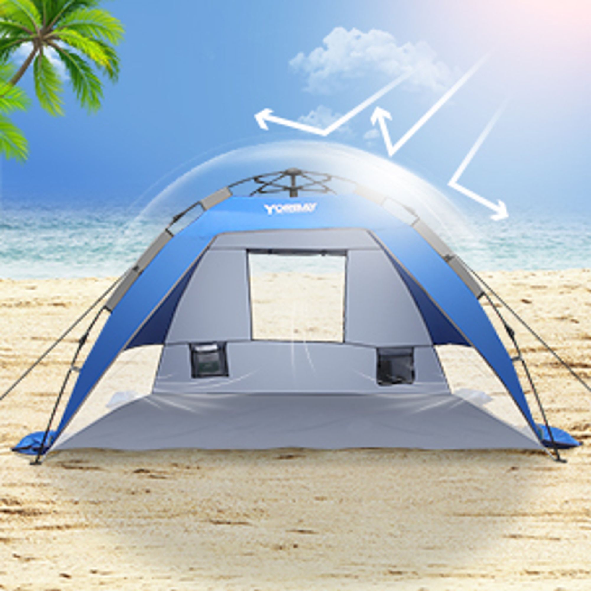 Yorbay Automatik-Strandzelt mit UV-Schutz 50+,Strandmuschel mit Heringen, Sandtasche und Tragetasche, für 2-3 Personen, schnell aufbauend für Familie, Strand, Garten, Camping, Anglen, Outdoors