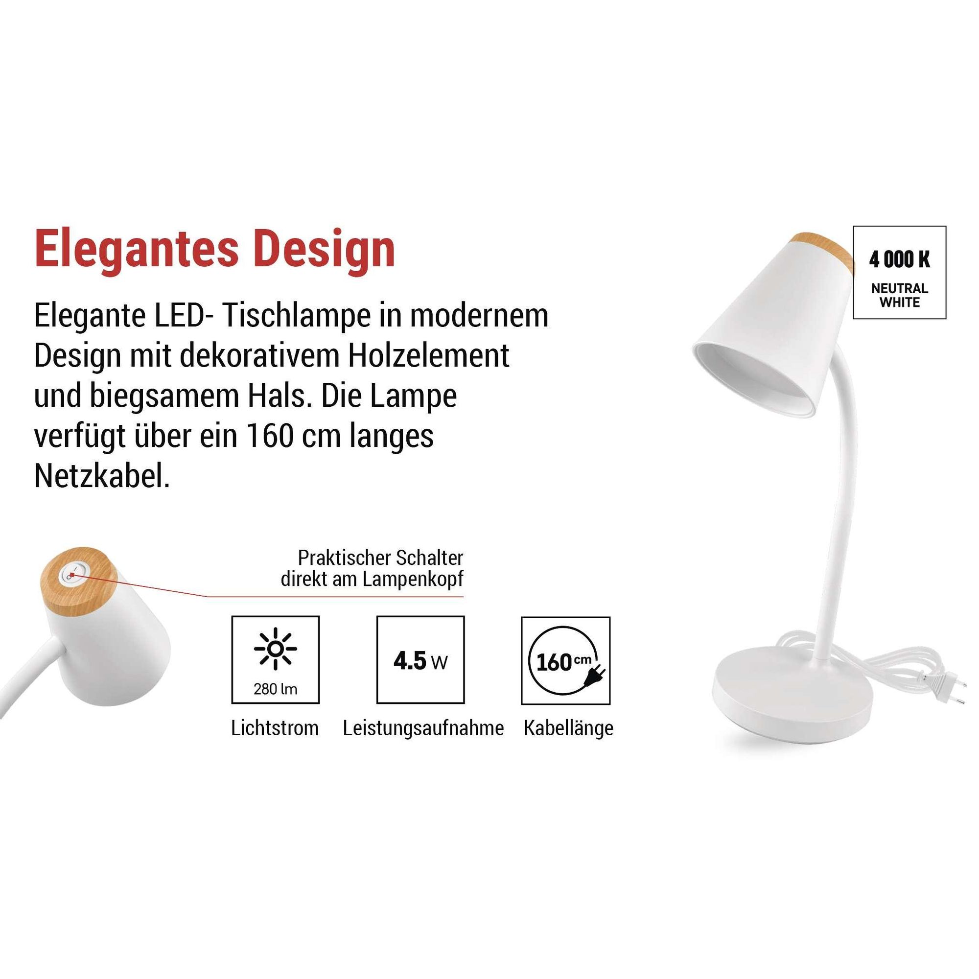 EMOS LED Tischlampe TARA 4,5 W, 280 lm, Neutralweiß 4000 K, flexibel mit Netzkabel 1,6m, Euro-Stecker, CRI Ra>85, Leuchtdauer 30000 h, Weiß, Z7641W