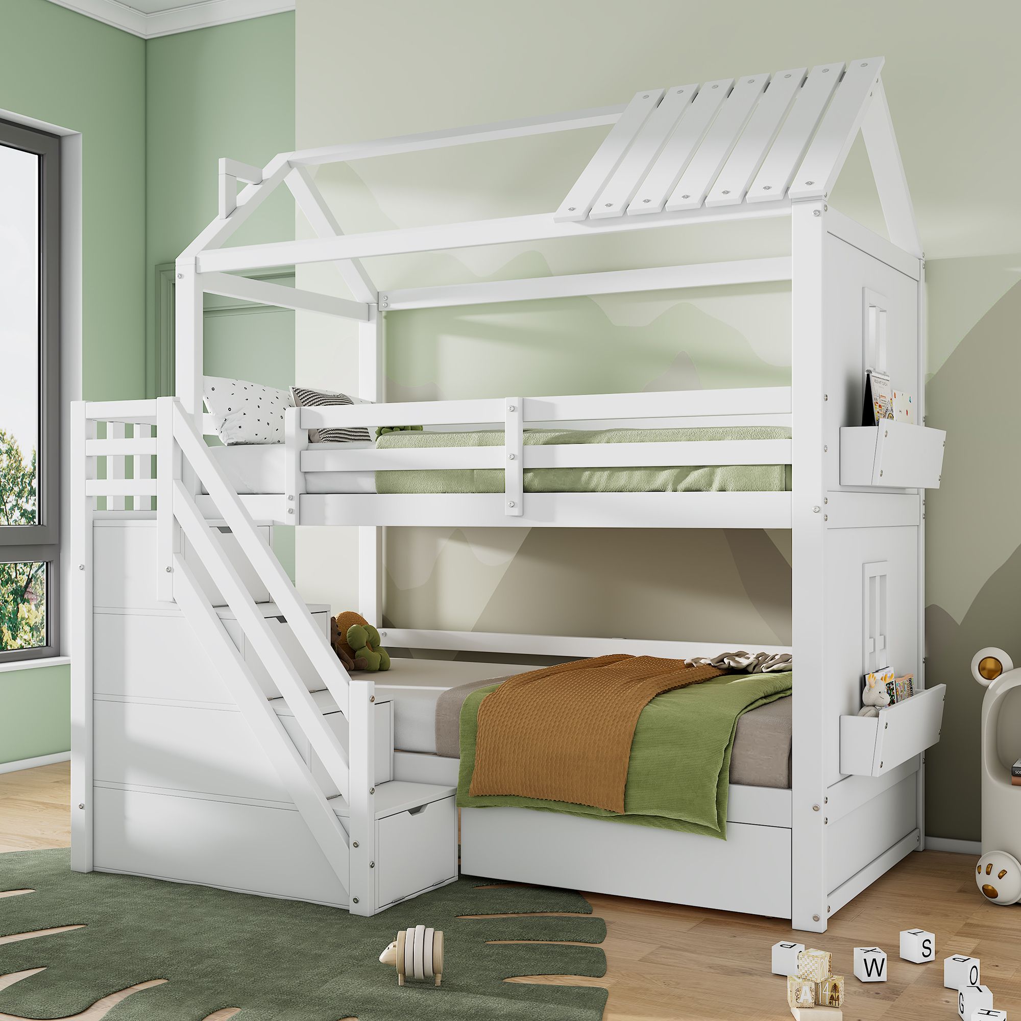 Flieks Etagenbett 90x200cm mit Schubladen, Kinderbett Hausbett mit Rausfallschutz, Hochbett mit Treppe und Ablagen, Stockbett Einzelbett, Weiß