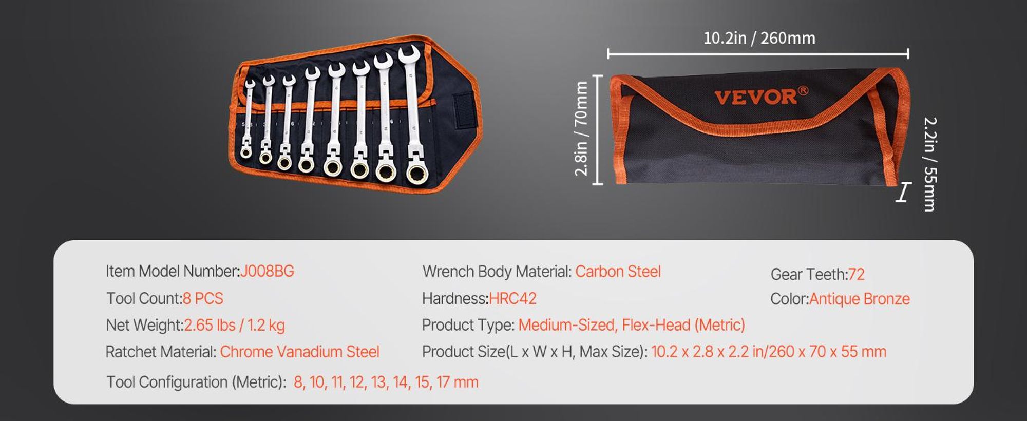 VEVOR Maulschlüsselset, 30-teiliges Ratschen-Schlüsselset mit Organizer-Rack, Cr-V Stahl-Schlüsselset SAE 1/4" bis 1", metrisch 8 mm bis 24 mm, ideal für den allgemeinen Haushalt, die Garage, die Werkstatt, Notfälle, 8 Stück-a, Grau Nickel