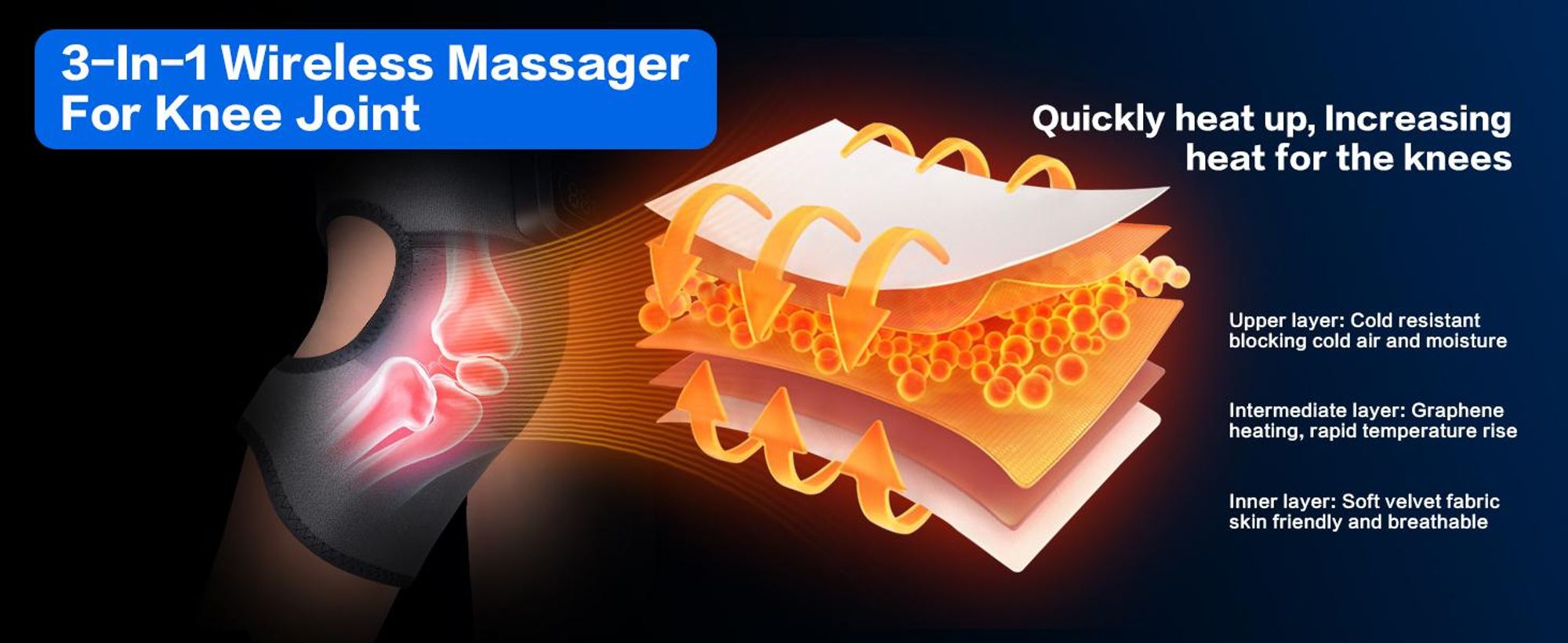 Kniemassagegerät, Knie Massagegerät mit Wärme, 3 Massagemodi, mit 3000mAh Akku, LCD - Touch & Auto - Abschaltung, für Knie, Ellbogen & Schultern