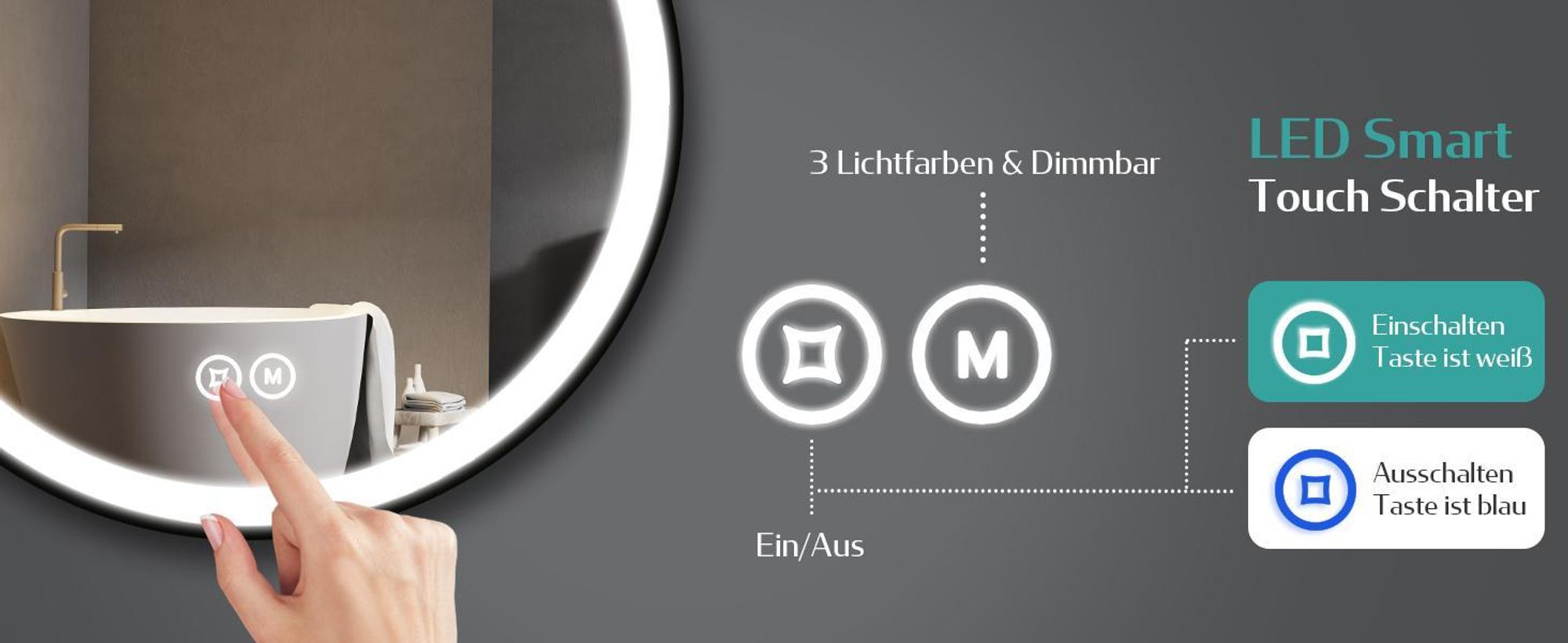 EMKE LED Badspiegel Rund 70 cm Durchmesser LED Spiegel Badezimmerspiegel mit Beleuchtung 3 Lichtfarbe 3000-6500K Kaltweiß Neutral Warmweiß Dimmbar Lichtspiegel mit Touchschalter IP44 Energiesparend (Schwarz Design)