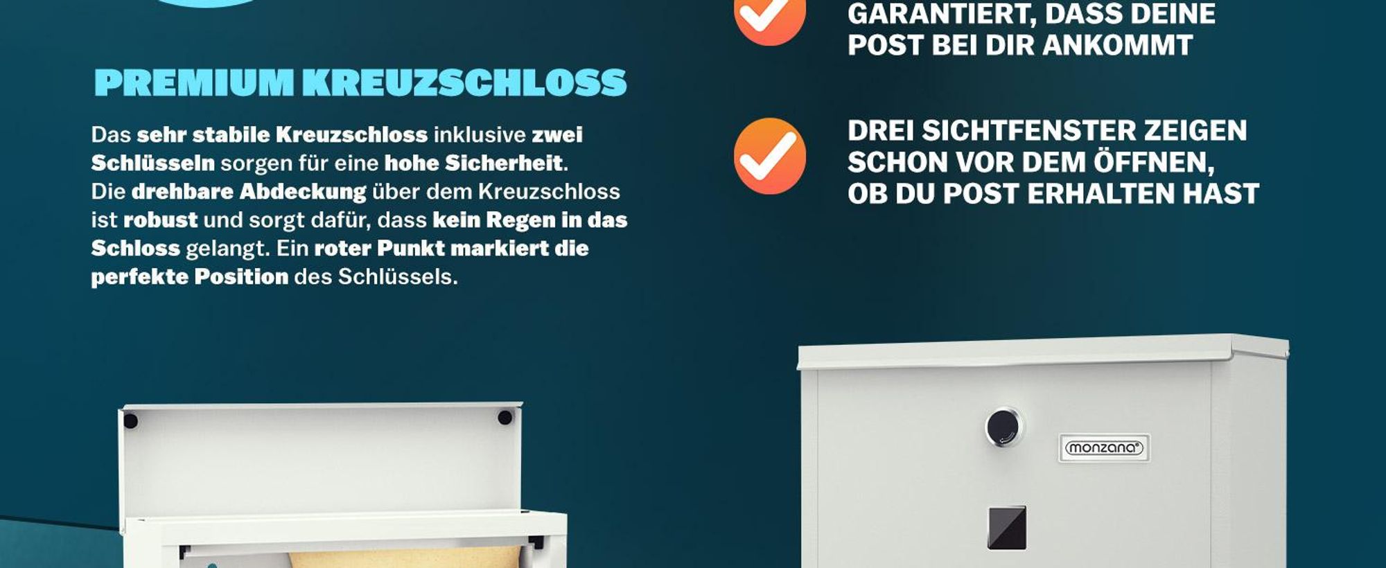 MONZANA® Briefkasten Kreuzschloss mit Kupfer-Schließzylinder drehbare Abdeckung 31x10x34 cm Sichtfenster Namensschild Zeitungsfach einfache Montage legierter Stahl 2 Schlüssel Postkasten Weiß