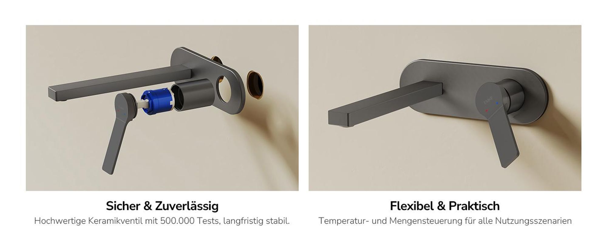 EMKE Wasserhahn Badarmatur 288x210x70mm Einhebel Mischbatterie, Warm und Kalt Waschbecken Armatur, Wandmontiert Waschtischarmatur - Anthrazit Matt