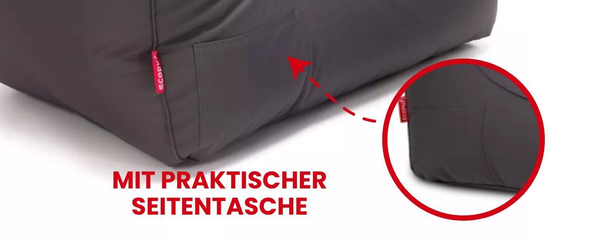 Seitentasche eines Sitzsacks für den Outdoor-Bereich – praktische Zusatzfunktion.