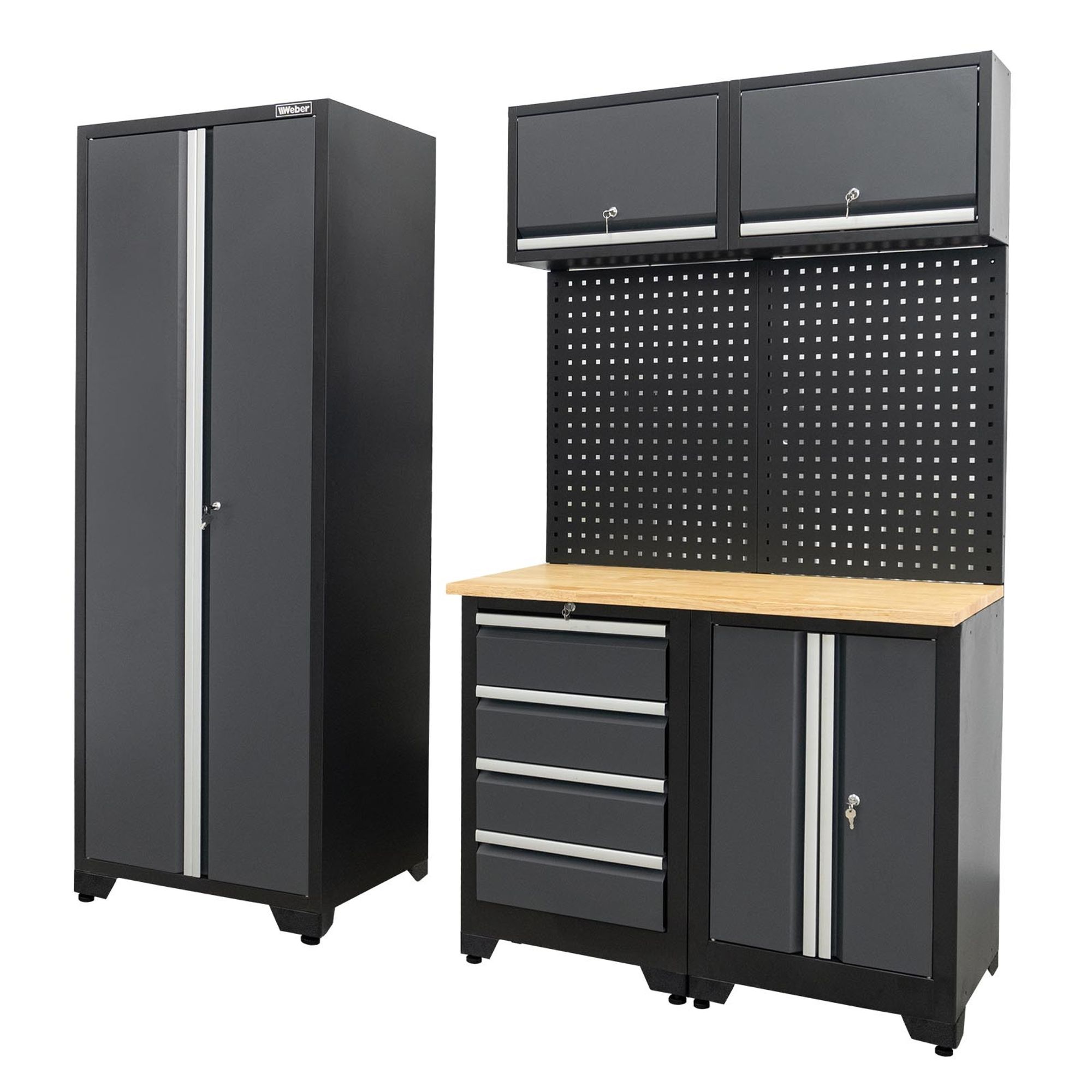 Das Bild zeigt das vollständige 8-teilige Schranksystem mit abgerücktem Hochschrank.