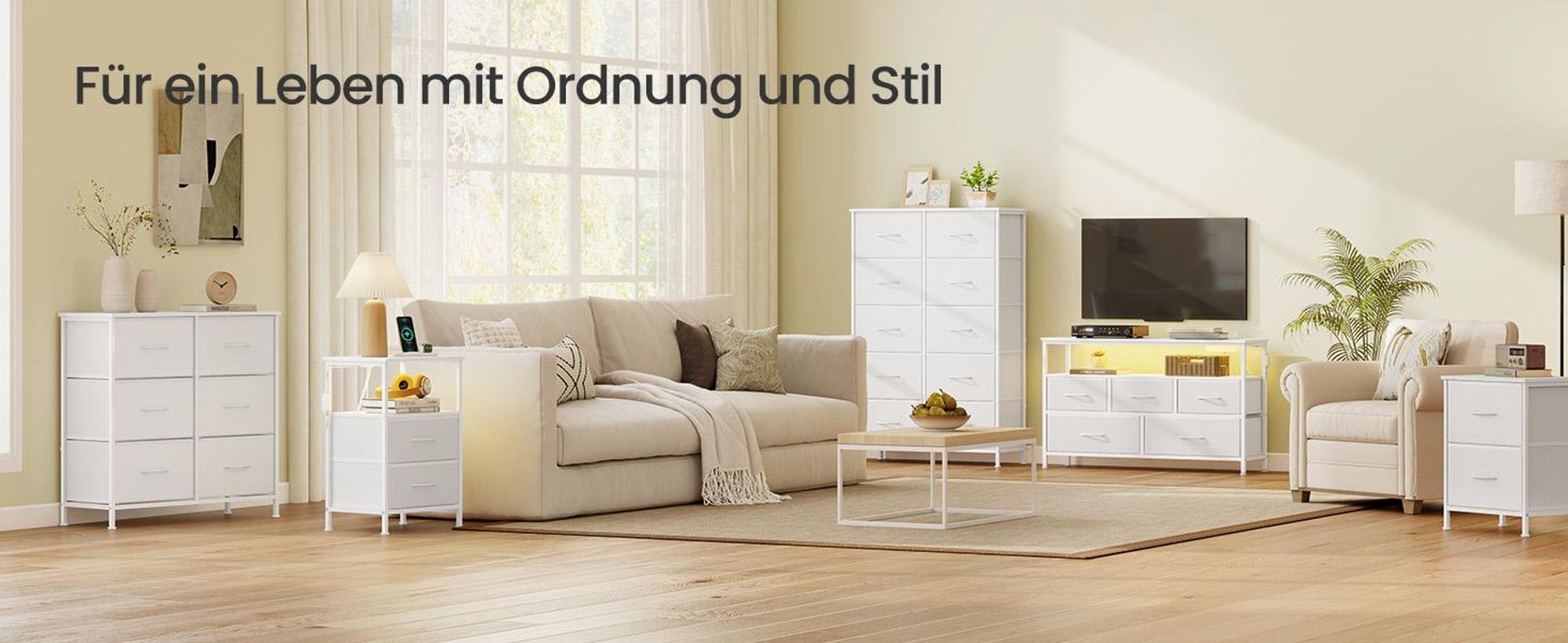 SONGMICS Kommode mit LED-Beleuchtung, Sideboard, Schubladenschrank für Wohnzimmer, mit Ladestation, 5 Schubladen, weiß