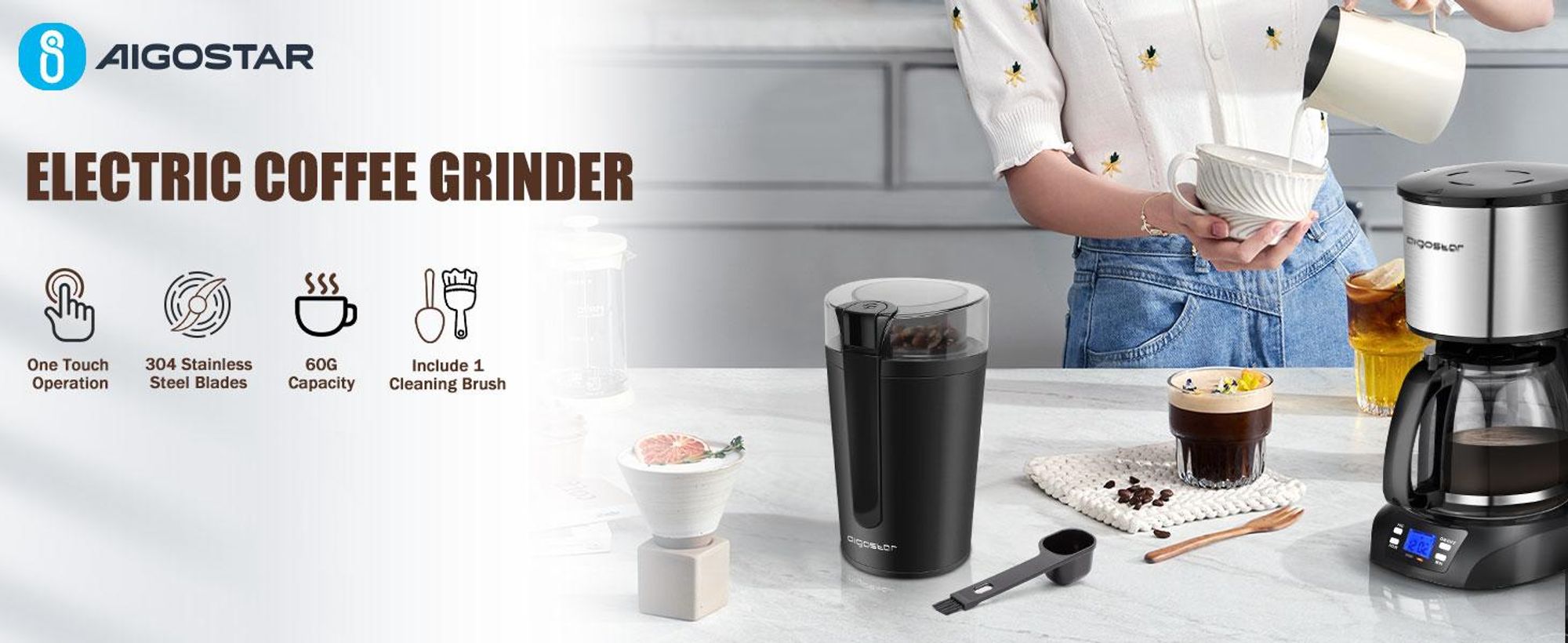 Aigostar - Elektrische Kaffeemühle Mahlgrad Einstellbar, Caffe Grinder Mixer Mühle Zerkleinerer für Kaffeebohne Leinsamen Nuss Gewürze Getreide, 200W