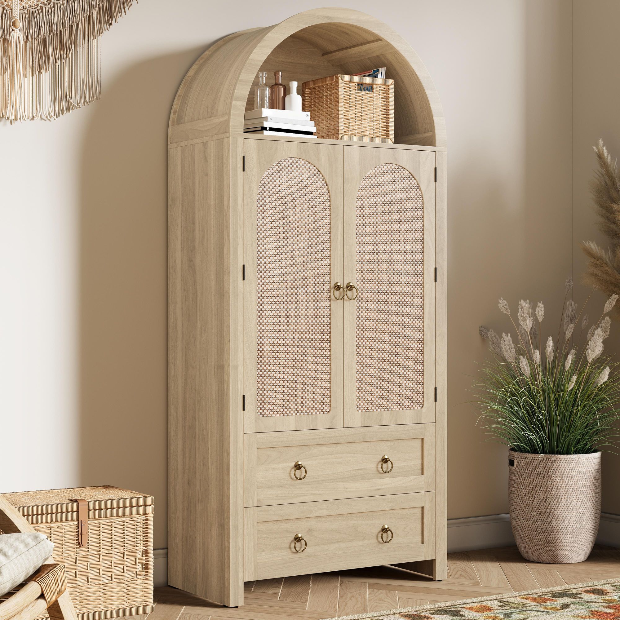 Merax Kleiderschrank im Korbgeflecht-Bogenstil,Sideboard mit Doppelschubladen und Rattan-Türen, Vintage Aufbewahrungsschrank mit Haken, Natur