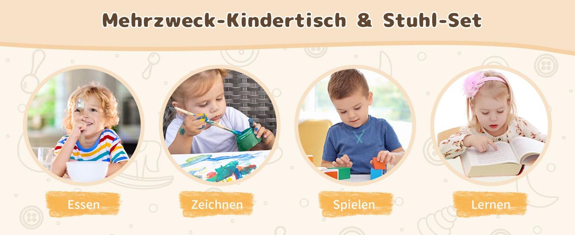 COSTWAY Kindertisch mit 4 Stühlen, Kindersitzgruppe aus Holz mit 4 Stauraumhocker & 4 Stoffschubladen, Maltisch, Sitzgruppe für Kinder ab 3+, Rosa