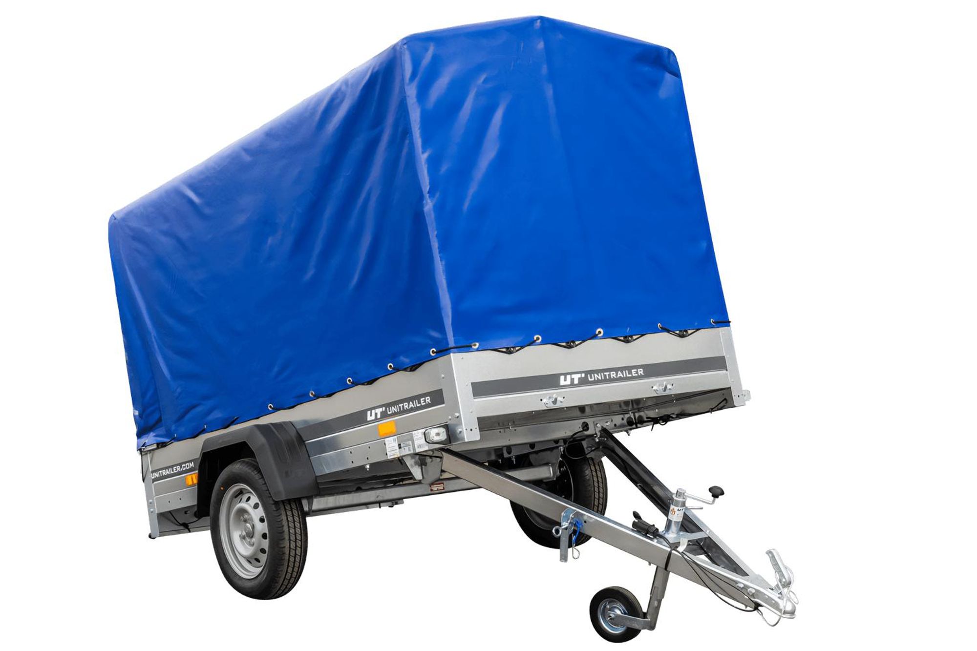 Przyczepka samochodowa 230x125 UNITRAILER GARDEN 230 KIPP ze stelażem H-1100 i pokrowcem niebieskim