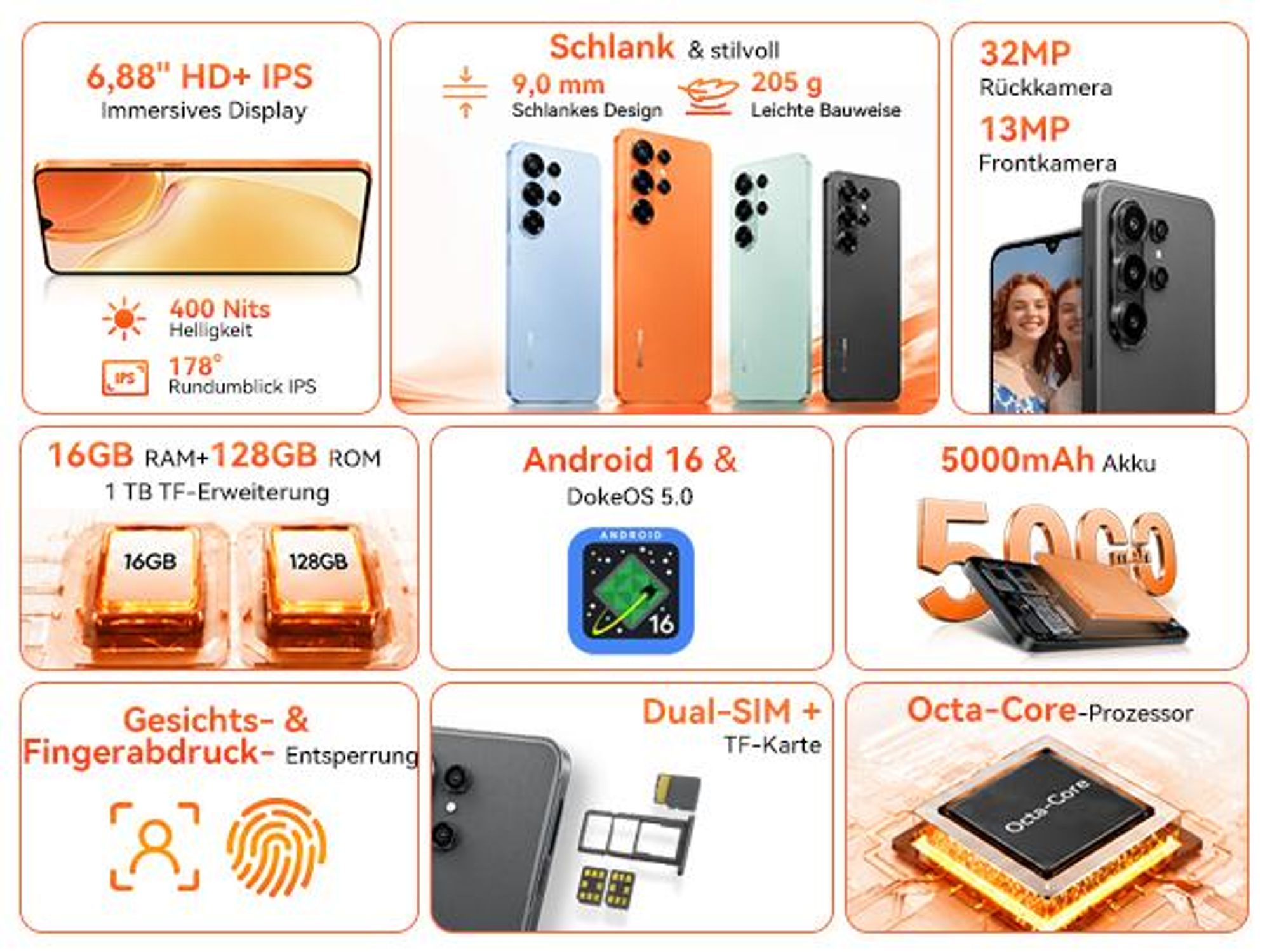 Blackview Wave 10C smartphone Ohne Vertrag, Android 16, 6.88", 120Hz, 1080p, Dual SIM, Face ID, 5000 mAh, Gemini AI, DokeOS 5.0, 1080p, 4G