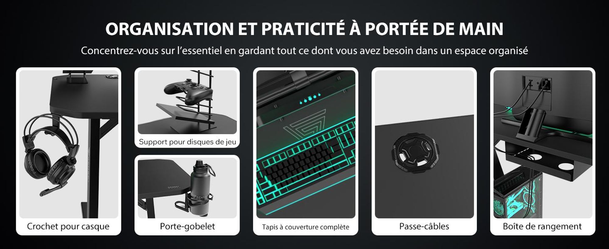 Table de jeu SENSE7 Nomad Classic - Bureau 120 x 60 cm avec tapis de souris XXL - Table d'ordinateur, bureau PC, bureau pour gamers, table pour gamers, gestion des câbles, noir